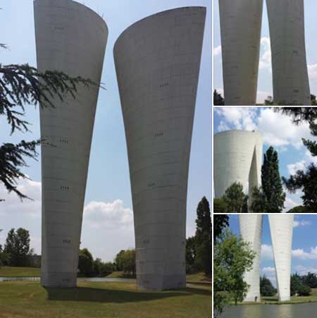 Deux châteaux d'eau futuristes (1969) twin sculpture-water towers in Jean Perdrix Park of Valence, southeastern France